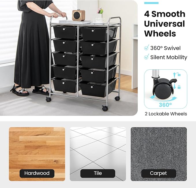 HOMGX Rolling Cart with 10 Drawers, 10 Tiers Multicolor Trolley, Drawer Bin Carts with 2 Lockable Wheels, Adjustable File & Debris Organizer Cart, Rolling Storage Cart for Office, School, Home