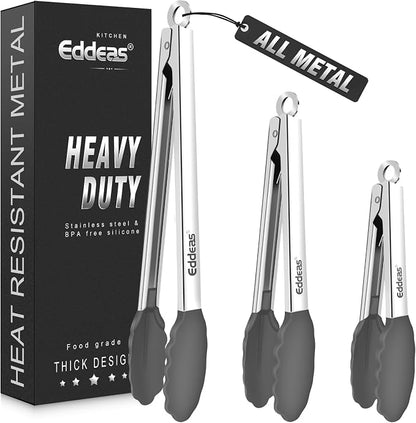 Tongs For Cooking - Silicone Metal Kitchen Tong 7" 9" & 12" Grey | 600°F Heat Resistant Silicone Tong, All Metal handle Locking Tongs with Silicone Tips, Heavy Duty Stainless steel
