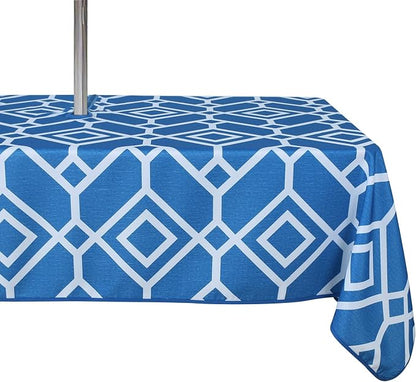 LUSHVIDA Moroccan Outdoor Tablecloth with Umbrella Hole and Zipper, 60 x 84 Inch Blue, Rectangle Waterproof Wrinkle Free Table Cloth Decorative Fabric Washable Table Cover for Patio, Party, Picnic