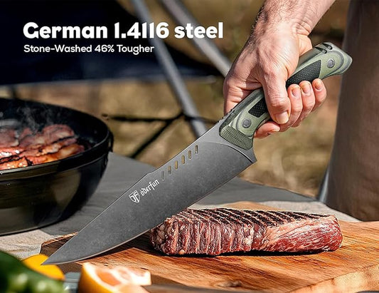8 Inch Professional Chef Knife with Leather Sheath, Ultra Sharp Kitchen Knife with G10 Handle,Full Tang, Gyuto Style for Home Cooking and Outdoor BBQ, Knives for Men Him Husband Dad Father