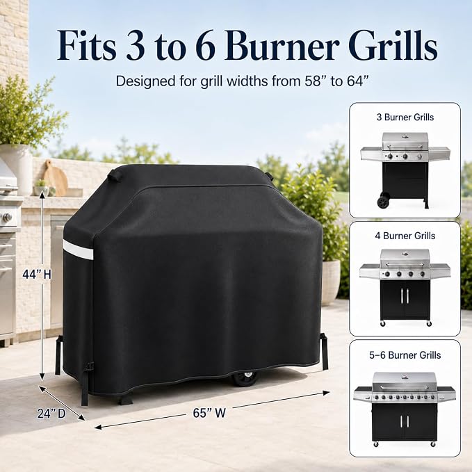 GRISUN Waterproof Grill Cover 65 Inch for Outdoor Grill | Fits Weber, Char-Broil, Nexgrill, Kenmore, Heavy-Duty 600D Anti-Fade BBQ Gas Grill Cover with Portable Handle