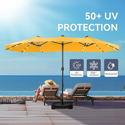 GREEN PARTY 15 ft Large Outdoor Patio Umbrella with Solar Led Lights & Base Included, Double-Sided Rectangular Table Umbrella with Stand, Market Umbrellas for Deck Poolside Garden Backyard, Gold Yellow