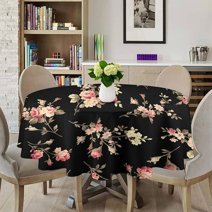 Vintage Flower Round Tablecloth, Black Pink Garden Florals Rustic Roses Boho Botanical Plant Water Resistant Wipeable Table Cover for Picnic Party Holiday Kitchen Dinner Table 70"