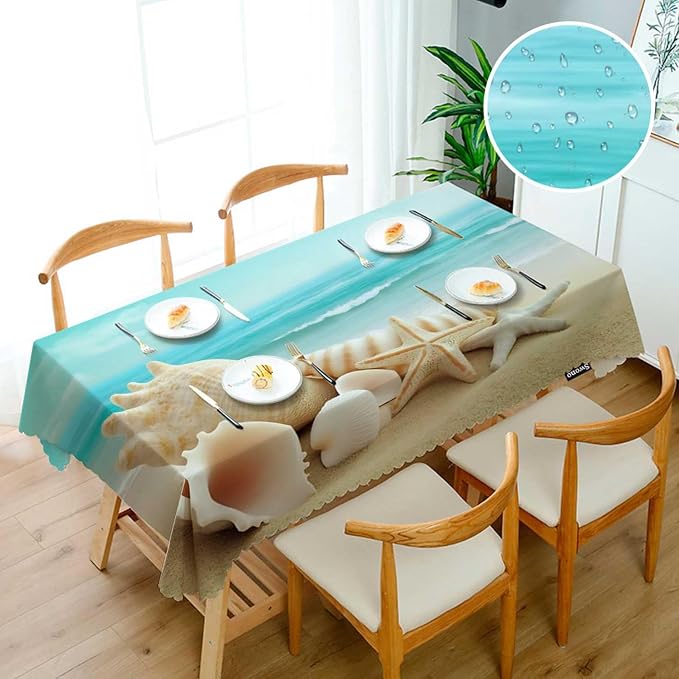 Swono Tablecloth Seashell Blue, Ocean Sandy Beach Sea Shells Table Cloth for Kitchen Dining Tabletop Decoration Parties Weddings Buffet, 52 X 70 Inch Rectangle Tablecloth