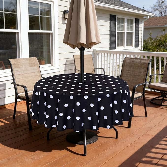 Poise3EHome Round Outdoor Tablecloth with Umbrella Hole and Zipper,Black Dot 60 Inch,Polyester SpillProof Washable Table Cloth for Spring Summer Patio Garden Poolside Picnic Camping BBQS