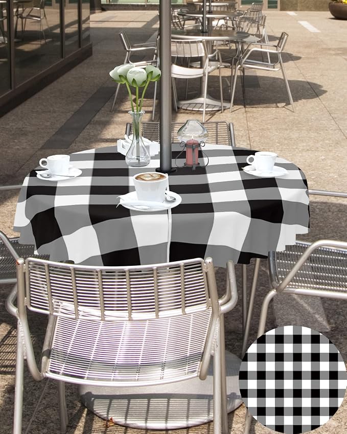 Black and White Checkered Outdoor Tablecloth - 60 Inch Round Dining Table Cover, Farmhouse Buffalo Plaid Waterproof Outdoor Table Cloth with Umbrella Hole & Zipper for Picnic/Patio/Party