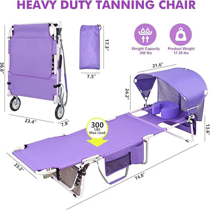 Wheel-To-Go Tanning Chair with Wheels Sun Canopy Umbrella Face Hole Thicker Washable Adjustable, Heavy Duty Folding Lay Flat Sun Lounge Chair Beach Outside Sunbathing Reading, UPF 50+ (Patent Design)