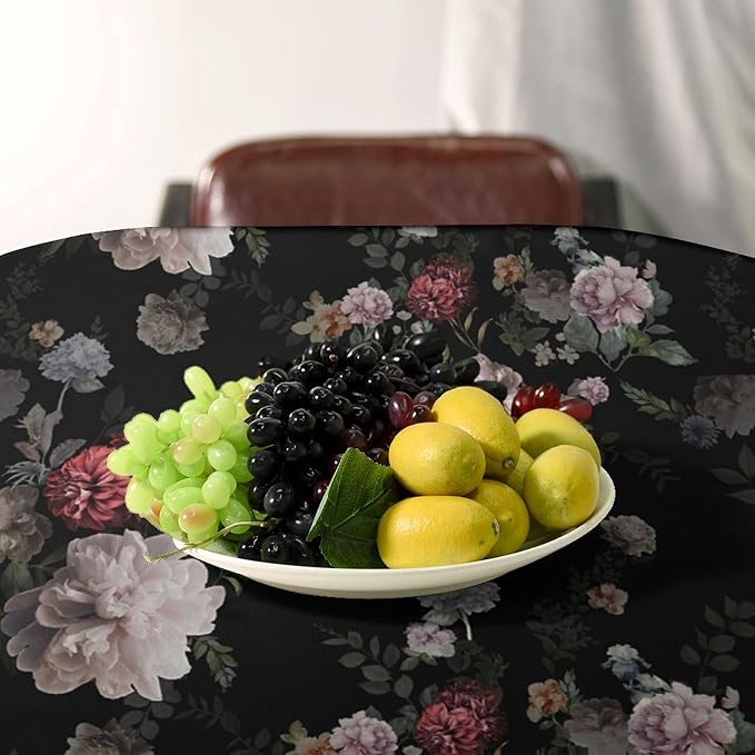 Vintage Florals Tablecloth, Black Pink Garden Gothic Flowers Rustic Roses Boho Botanical Plant Water Resistant Wipeable Table Cover for Picnic Party Holiday Kitchen Dinner Table 55"x55"