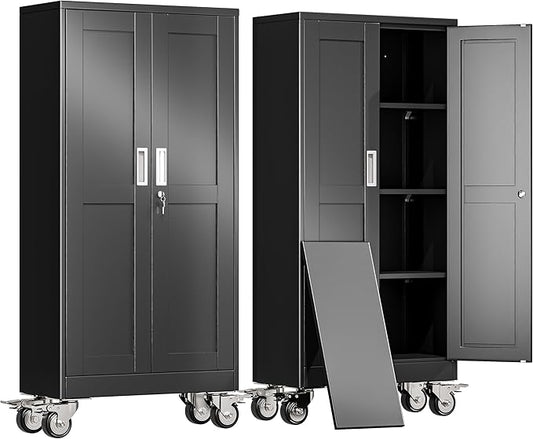 erosoei 61" H Metal Garage Storage Cabinet, Rolling Tool Cabinet with 2 Doors and Wheels, Locker Steel Cabinet with 3 Adjustable Shelves, Organization Cabinet for Garage,Office,Home,Gym,School（Black）