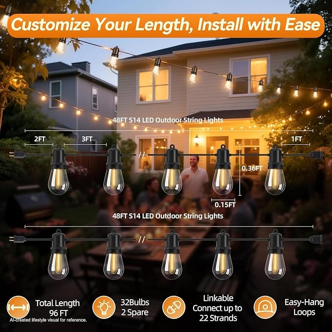 96FT LED Outdoor String Lights with 32+2 Shatterproof LED Bulbs | Hanging Lights for Patio Weatherproof, Warm White, Connectable Lights Plug in for Party, Cafe, Bistro and Backyards (2 Pack)