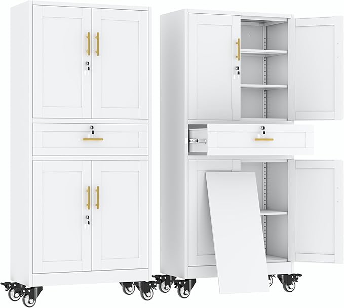 erosoei 75" H Metal Garage Storage Cabinet, Rolling Tool Cabinet with 2 Doors and Wheels, Locker Steel Cabinet with 4 Adjustable Shelves and Drawer, Organization Cabinet for Garage,Office,Home,Gym.