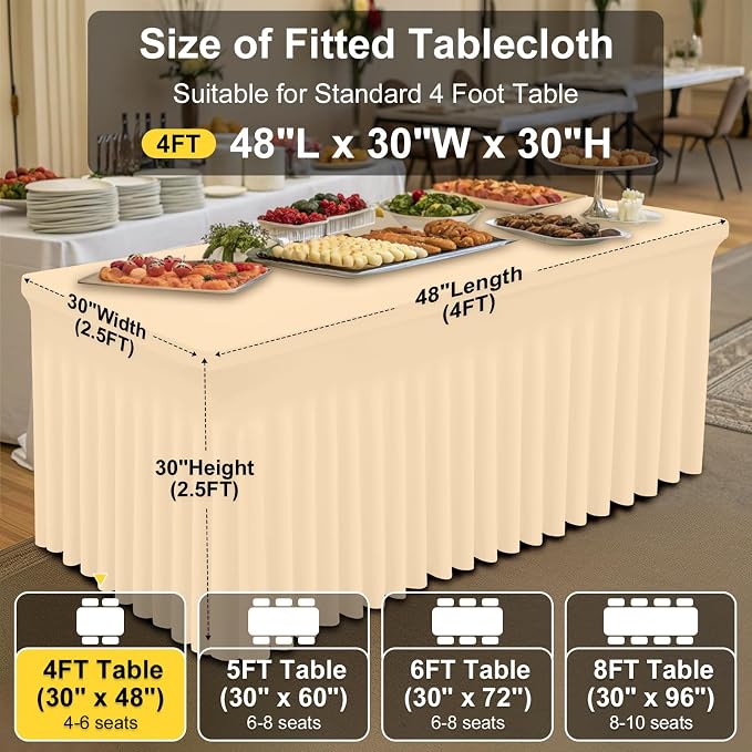 Smiry Spandex Elastic Fitted Table Cloth Skirt for 4FT Rectangle Table | Stretch Washable Table Cloth, Banquet Table Cover for Wedding, Party, Indoor & Trade Shows, (Ivory, 48Lx30Wx30H)