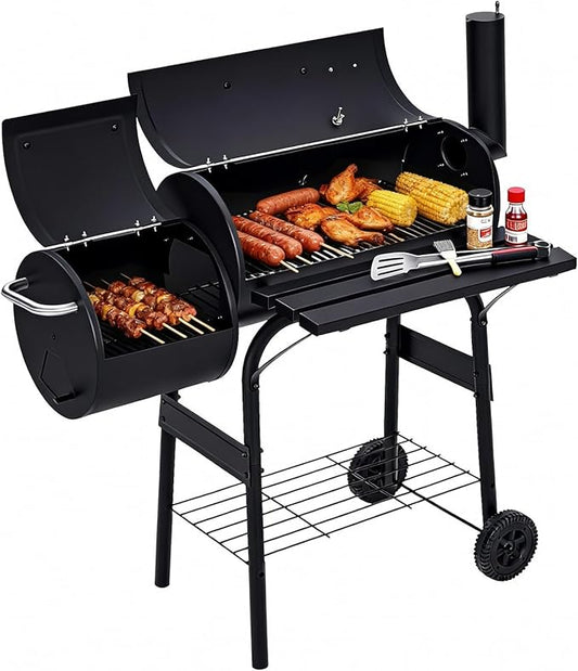 Garvee Charcoal Grills with Offset Smoker, Barrel Barbecure Smoker Grill Combo, Outdoor BBQ Grill with Handle and Wheels, for Camping Picnic Patio Backyard Party