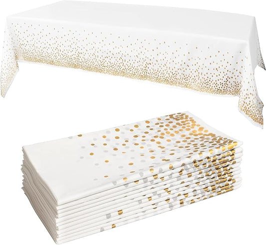 12Pack Plastic Table Cloth Disposable, 54”x108” White and Gold Table Cloths for Parties, Waterproof and Greaseproof Gold Dot Rectangles Tablecloth for Party Decorations BBQ,Wedding,Fine Dining