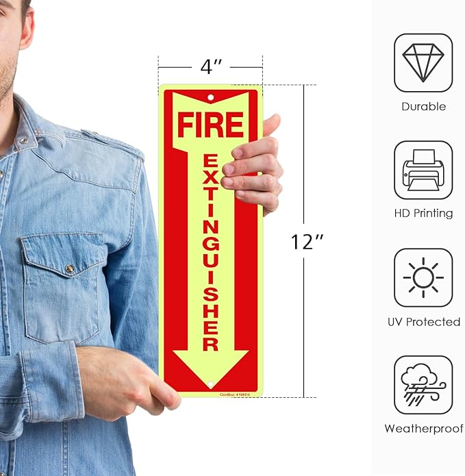 GicnKeuz Fire Extinguisher Sign,12×4 Inches Glow-In-The-Dark Aluminum Fire Extinguisher Signs with a Phosphorescent Film Layer,2 Pre-drilled holes,Easy to Install,Indoors and Outdoors Use (12-pack)