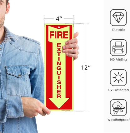 GicnKeuz Fire Extinguisher Sign,12×4 Inches Glow-In-The-Dark Aluminum Fire Extinguisher Signs with a Phosphorescent Film Layer,2 Pre-drilled holes,Easy to Install,Indoors and Outdoors Use (12-pack)
