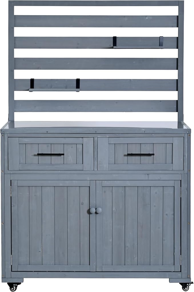 Outdoor Grill Cart with Storage Cabinet and Stainless Table Top, Outdoor Kitchen Island Prep Cart Grill Station for Food Prep and BBQ, Gray