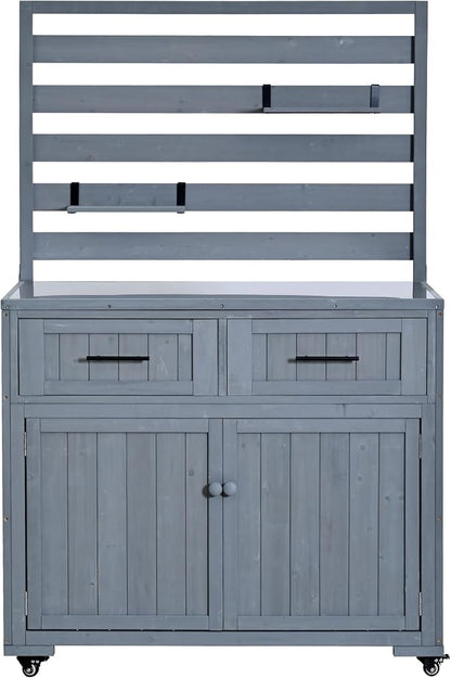 Outdoor Grill Cart with Storage Cabinet and Stainless Table Top, Outdoor Kitchen Island Prep Cart Grill Station for Food Prep and BBQ, Gray
