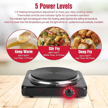 Electric Countertop Burner, 1500W Cooktop with Cast Iron Hot Plate, 5 Level Temperature Control, Easy to Clean, Indicator Lights, Cooking Stove for Office Home Camping RV