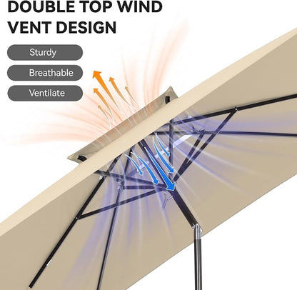6.6 x 10 ft Rectangular Patio Umbrella, Outdoor Market Table Umbrella with Push Button Tilt and Crank, Double-Tier Vent, 6 Ribs, Rectangle Patio Umbrella for Backyard, Deck, Pool, Fits 4–6 Chairs and Tables (Beige)