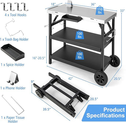 PETSITE Outdoor Grill Cart, Foldable BBQ Pizza Oven Stand, Movable Food Prep Table with Stainless Steel Tabletop & Wheels, Portable Griddle Dining Kitchen Island Cart Station for Bar Patio Outside