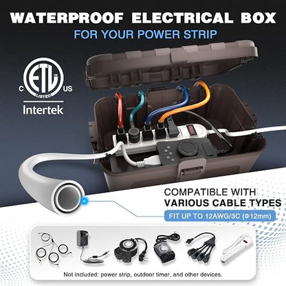 Flemoon Outdoor Electrical Box Waterproof, IP54 Waterproof Extension Cord Cover, Protect Outlet, Plug, Socket, Timer, Power Strip, Holiday Light, Large Weatherproof Connection Box, Brown