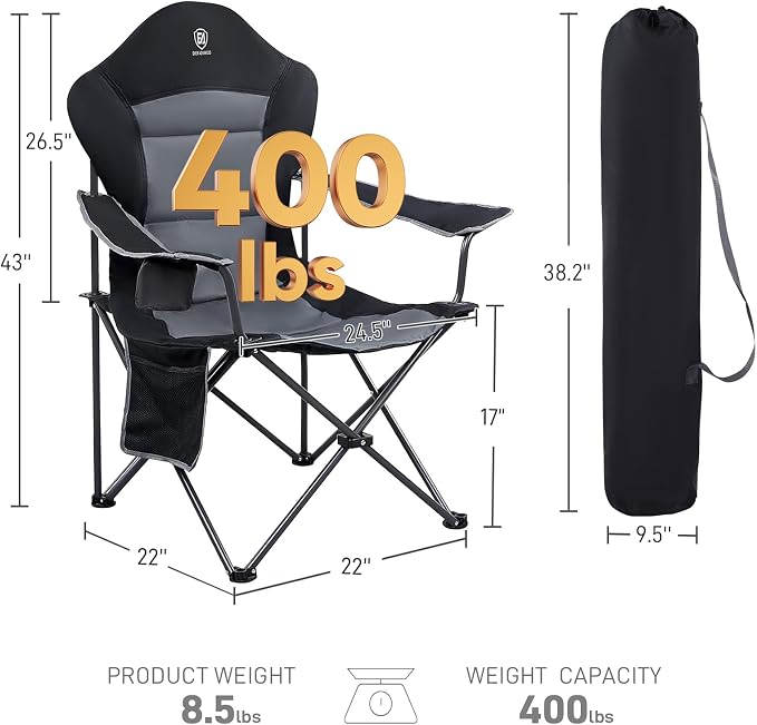 EVER ADVANCED High Back Folding Camping Chair Oversized and Fully Padded, Portable Quad Camp Lawn Chair Up to 400 lbs, with Cup Holder Armrest Carrying Bag