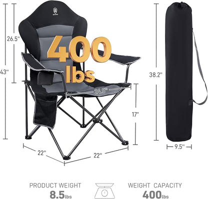 EVER ADVANCED High Back Folding Camping Chair Oversized and Fully Padded, Portable Quad Camp Lawn Chair Up to 400 lbs, with Cup Holder Armrest Carrying Bag