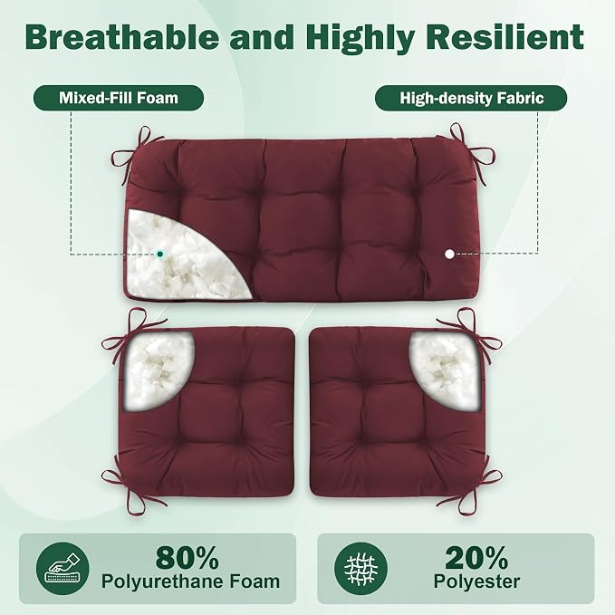 Outdoor Wicker Chair Cushions, 44×19×4 in, Waterproof, Burgundy | Waterproof Wicker Furniture Cushions, Fade Resistant, 3 Piece Patio Furniture Cushions Set for Bench, Loveseat, Swing, Settee