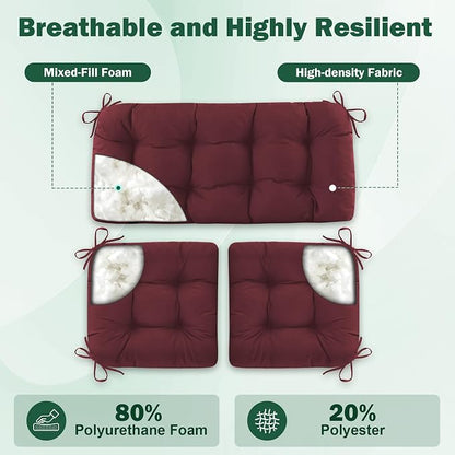 Outdoor Wicker Chair Cushions, 44×19×4 in, Waterproof, Burgundy | Waterproof Wicker Furniture Cushions, Fade Resistant, 3 Piece Patio Furniture Cushions Set for Bench, Loveseat, Swing, Settee