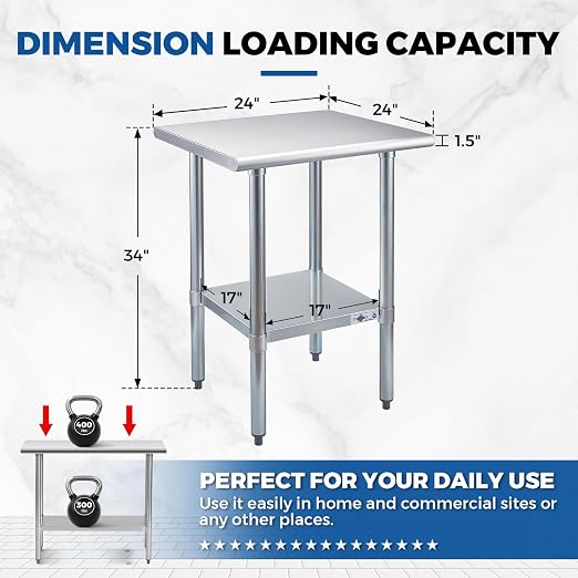 Profeeshaw Stainless Steel Prep Table 24''x24'' NSF Commercial Workbench | Metal Work Table, with Undershelf leveling feet; Heavy Duty Table for Kitchen, Restaurant, Home, Gargae, Hotel, 18-gauge 430