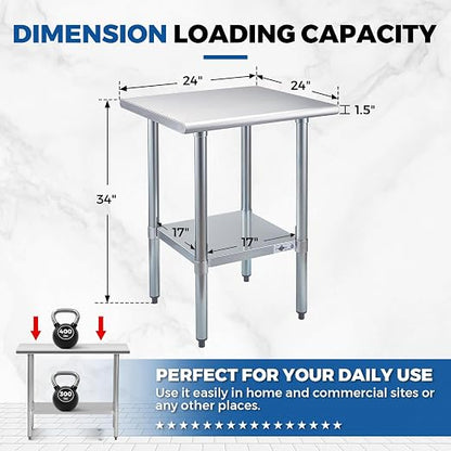 Profeeshaw Stainless Steel Prep Table 24''x24'' NSF Commercial Workbench | Metal Work Table, with Undershelf leveling feet; Heavy Duty Table for Kitchen, Restaurant, Home, Gargae, Hotel, 18-gauge 430