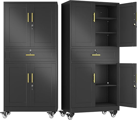 winiowa 71" Tall Metal Garage Storage Cabinet with Wheels and Locking Doors, Locking Rolling Tool Cabinet with Drawer and 3 Adjustable Shelves for Garage,Home,Office (Black)