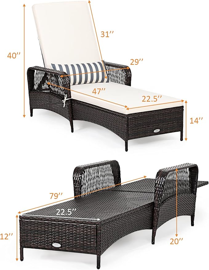 Tangkula Wicker Chaise Lounge Outdoor Set of 2, Patio Rattan Reclining Chaise with 6-Gear Adjustable Backrest, Thick Padded Cushion & Removable Lumbar Pillow, Pool Lounge Chairs for Outside Balcony