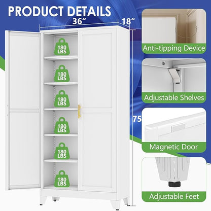 75" Metal Garage Storage Cabinet with 2 Doors and 5 Adjustable Shelves,Metal Storage Cabinets,Steel Tool Cabinets for Home,Office,Garage,Warehouse (White, 75''H x 36''W x 18''D)
