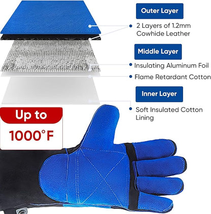 TICONN Welding Gloves, 16 IN L/XL/XXL 1000°F Heat-Resistant Fireproof Leather Gloves for Welders, Stick, Forge, Mig, Tig, BBQ
