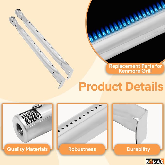 BQMAX Grill Parts for Kenmore 2 Burner Grill 146.23673310 146.16142210 | Porcelain Steel Heat Plate & Burner for Kenmore Grill Replacement Parts 146.23686310, for Members Mark 2 Burner MM-G2001-AB