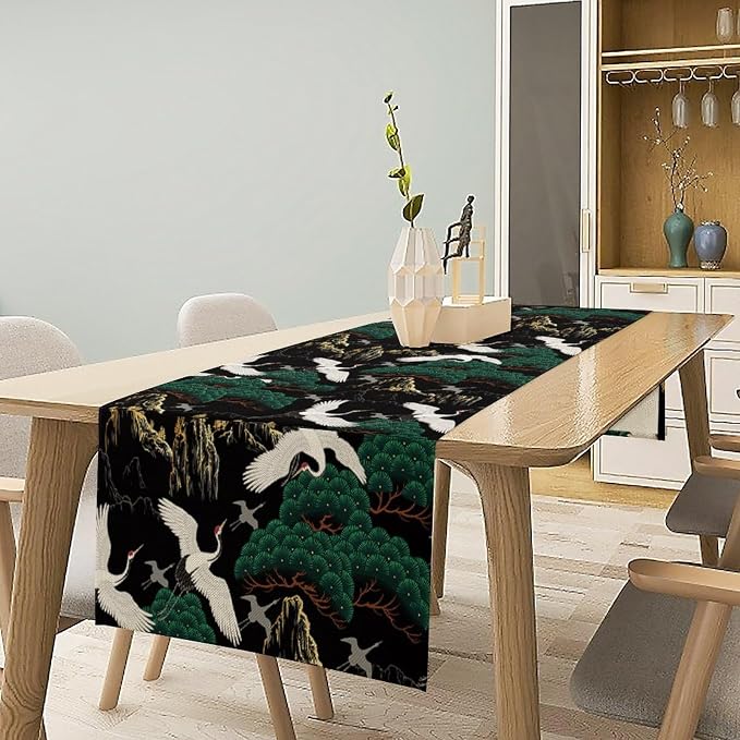 Japanese Crane Table Runner Oriental Vintage Asian Chinese Traditional Bird Trees Plant Dinner Runner for Farmhouse Kitchen Dinner Table Party Decoration 13x36in