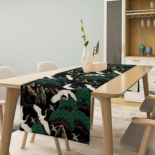 Japanese Crane Table Runner Oriental Vintage Asian Chinese Traditional Bird Trees Plant Dinner Runner for Farmhouse Kitchen Dinner Table Party Decoration 13x60in