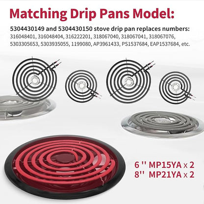 MP22YA Electric Stove Burner Element Replacement Set & 5304430149 5304430150 4 Pack Black Drip Pans - Perfectly Fit Frigi-daire Ken-more Cros-ley Tap-pan Electric Range Stove Top