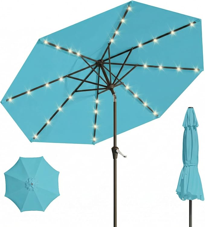 10FT Solar Umbrella 32 LED Lighted Patio Umbrella Table Market Umbrella w/Tilt and Crank, UV-Resistant Outdoor Umbrella for Pool, Garden, Deck, Sky Blue