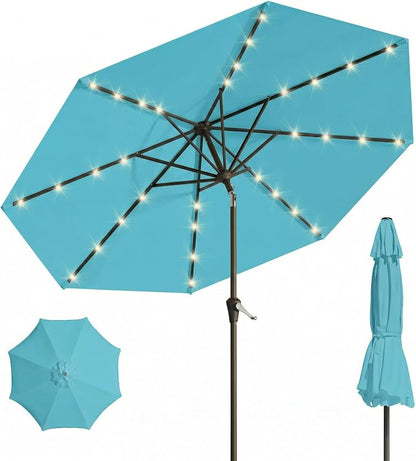 10FT Solar Umbrella 32 LED Lighted Patio Umbrella Table Market Umbrella w/Tilt and Crank, UV-Resistant Outdoor Umbrella for Pool, Garden, Deck, Sky Blue