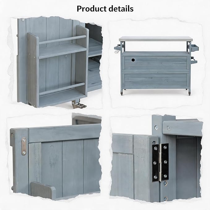 Outdoor Kitchen Island with Stainless Steel Top, Rolling Grill Cart with Storage Cabinet, Farmhouse Solid Wood Prep Station with Spice & Towel Rack for Patio BBQ.Suitable for backyards, etc.