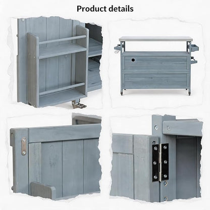 Outdoor Kitchen Island with Stainless Steel Top, Rolling Grill Cart with Storage Cabinet, Farmhouse Solid Wood Prep Station with Spice & Towel Rack for Patio BBQ.Suitable for backyards, etc.