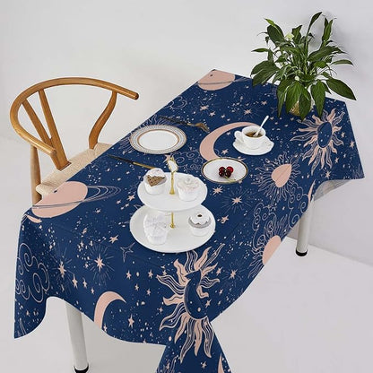 Moon Sun Tablecloth Vintage Star Magical Galaxy Space Boho Celestial Table Cloth Water Resistant Wipeable Table Cover for Farmhouse Picnic Party Holiday Kitchen Dinner Table 55"x55"