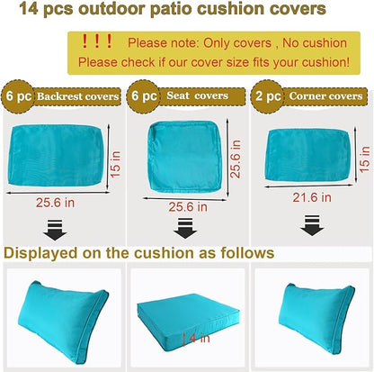 14 Piece Outdoor Patio Cushion Cover Replacement, Waterproof Patio Cushion Covers, Outdoor Furniture Cushion Covers Set for 6 Seat Wicker Rattan Sofa (Blue)