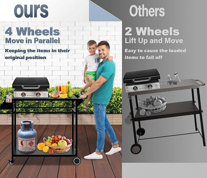 Koutemie Outdoor Grill Cart Table with 4 Wheels for Blackstone 17" or 22", Movable BBQ Food Prep Table Top, Double-Shelf Metal Pizza Oven Worktable with Spice Tray for Patio, Backyard, Black