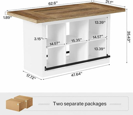 Tribesigns Kitchen Island with Storage, Farmhouse Island Bar, Brown&White | 62.6" Wooden Stationary Kitchen Storage Island Counter Height with 6 Open Cubbies and Footrests for Dining Room, Vintage