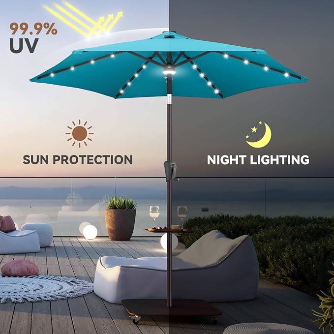 Solar Patio Umbrella with Centre Light, 7.5 ft Aqua Blue | 24 LED Lights, UV Protection, Small Solar Outdoor Umbrella for Porch, Deck, Pool, Table, Garden, Provides Evening Lighting