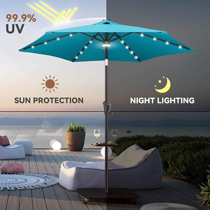 Solar Patio Umbrella with Centre Light, 7.5 ft Aqua Blue | 24 LED Lights, UV Protection, Small Solar Outdoor Umbrella for Porch, Deck, Pool, Table, Garden, Provides Evening Lighting